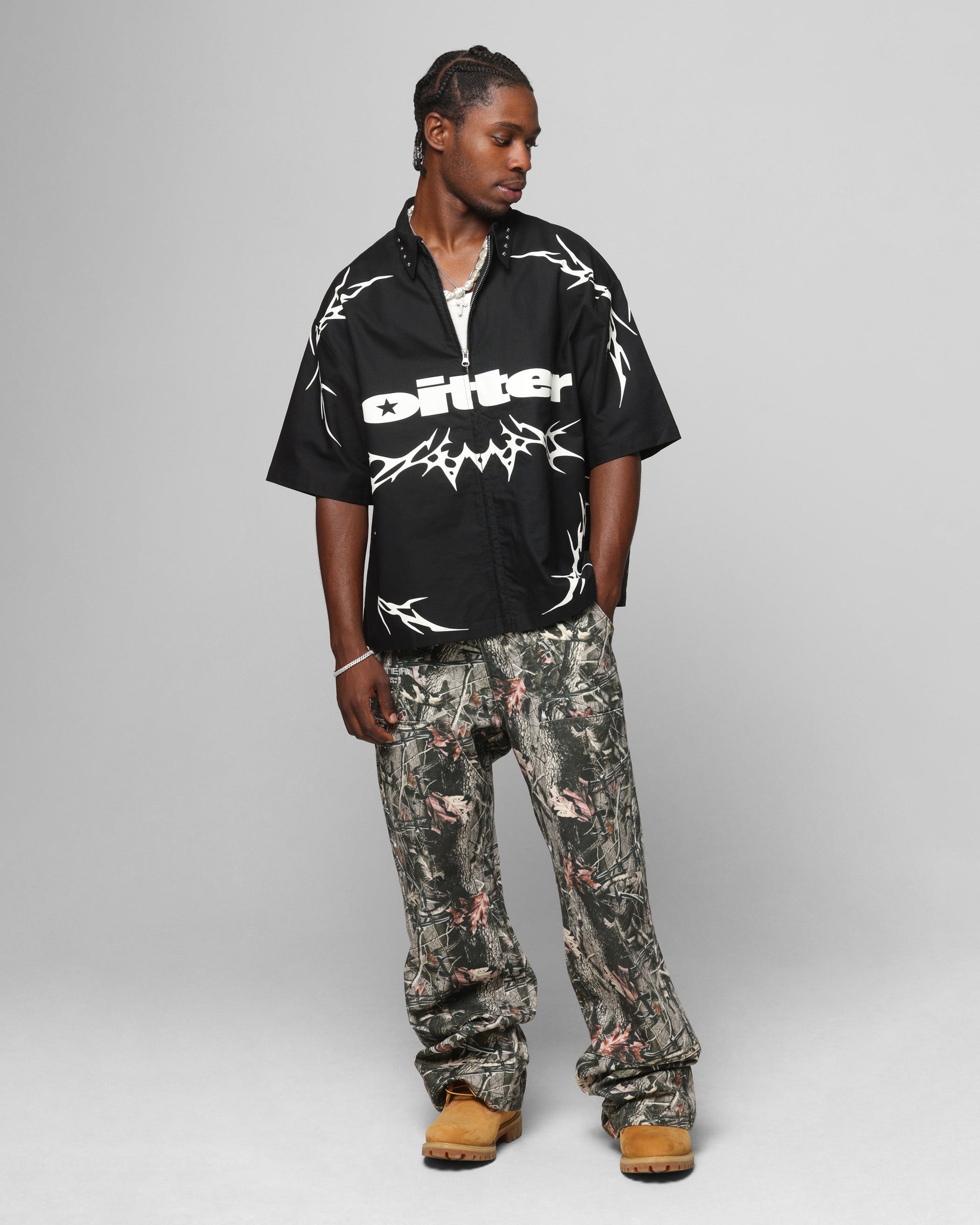 Loiter Cyber Zip Up Short Sleeve Shirt Black