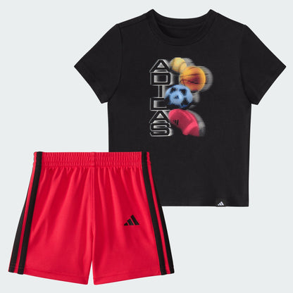 Kids' adidas Two-Piece Short Sleeve Graphic Cotton Tee and 3-Stripes Shorts Set