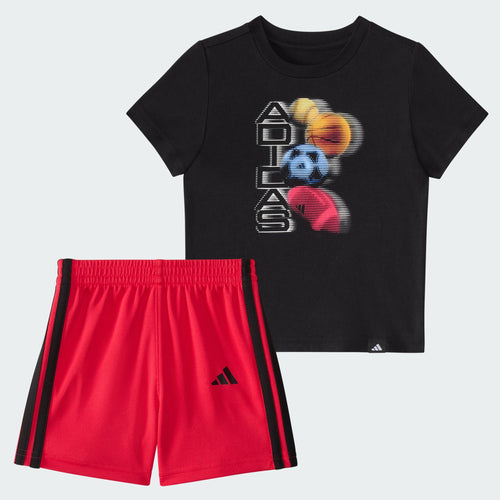 Kids' adidas Two-Piece Short Sleeve Graphic Cotton Tee and 3-Stripes Shorts Set